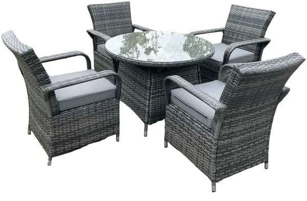 Fimous Rattan Gartenmöbel Essplatz Tisch und Stuhl Set Wicker Patio 4 Stühle Plus Runde Klar Gehärtetes Glas Tisch