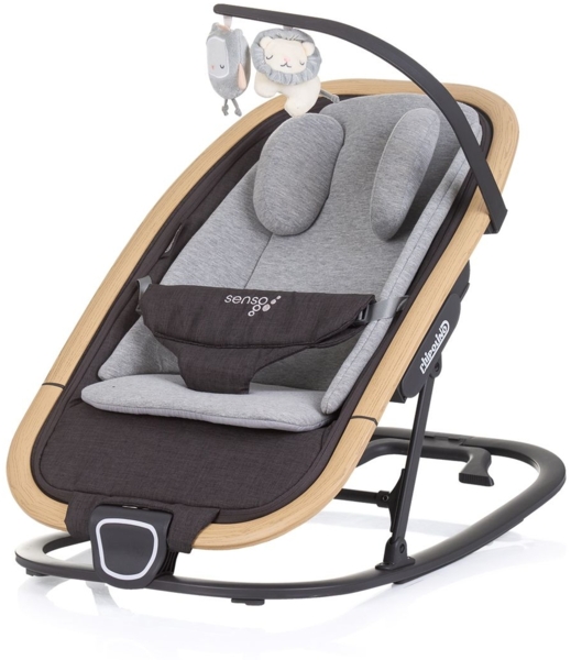 Chipolino Babywippe Senso Holzoptik Spielbogen Kopfstütze 3-Punkt-Gurt faltbar grau Bild 1