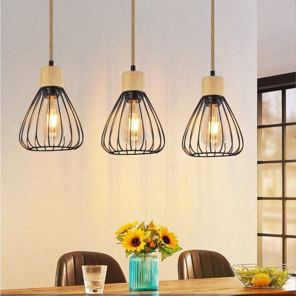 Nettlife Hängeleuchte Pendelleuchte Esszimmer Vintage Schwarz Metall Holz E27 Hanfseil, LED wechselbar, Industrial Esstisch Pendellampe für Wohnzimmer