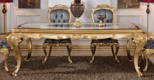 Casa Padrino Luxus Barock Esstisch Weiß / Braun / Gold - Prunkvoller Massivholz Esszimmertisch im Barockstil - Prunkvolle Barock Esszimmer Möbel