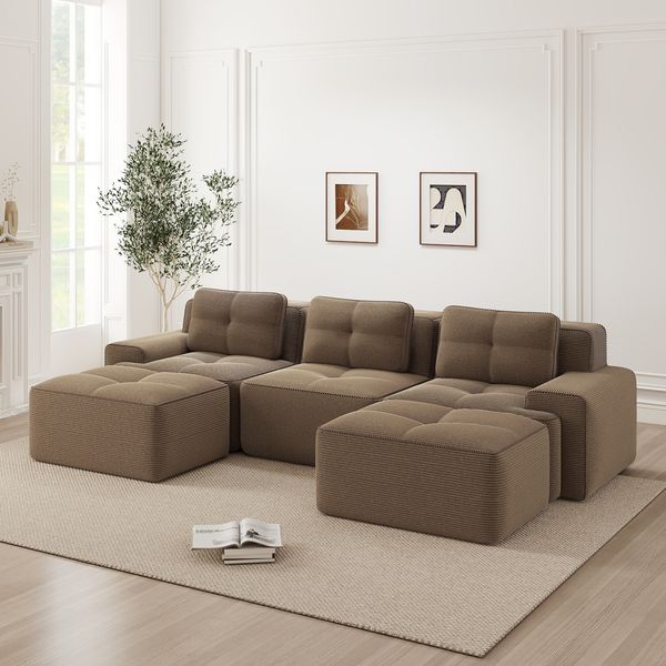 3-Sitzer Modulsofa aus Cord H 69 x T 293 x B 177 cm mit Ottoman, 74 cm Sitztiefe und flexiblem Aufbau