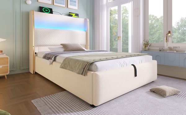 Polsterbett 90x200 cm mit hydraulischem Bettkasten, hohes Leinen-Kopfteil, integrierte LED & USB/Type-C, Beige,Es gibt ein Matratzen.