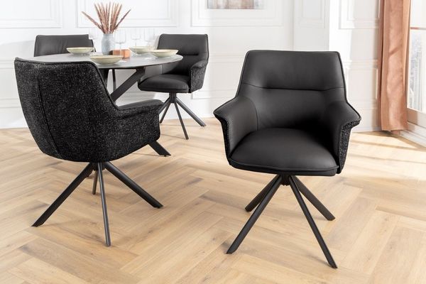 riess-ambiente Drehstuhl LE GRAND schwarz – Echtleder, Strukturstoff, 180° drehbar, m. Armlehne (Einzelartikel, 1 St), mit Metallgestell & Auto-Return-Funktion – ideal für Deinen Esstisch