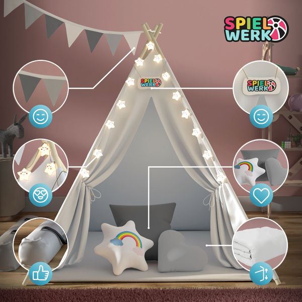 Spielwerk Kindertipi mit Lichterkette, Bodenmatte & Kissen, Baumwolle weiß, 120 x 120 x 160 cm