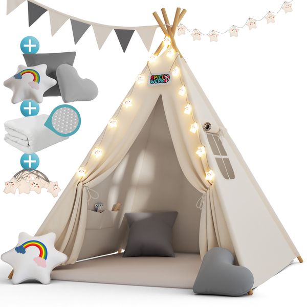Spielwerk Kindertipi mit Lichterkette, Bodenmatte & Kissen, Baumwolle weiß, 120 x 120 x 160 cm
