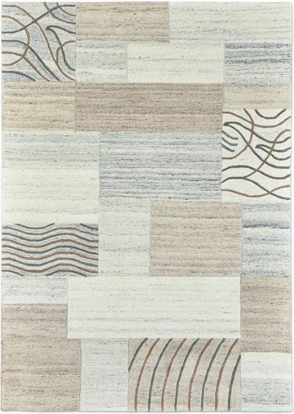THEKO Wollteppich Royal Natur 4028, rechteckig, Höhe: 14 mm, reine Wolle, handgetuftet, Naturtöne, Patchworkdesign, meliert