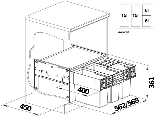 BLANCO 526206 SELECT II 60/4 Abfallsystem 42 Liter (2x 15 u. 2x 6) für 60 cm Schrankbreite / Frontanbindung Bild 2