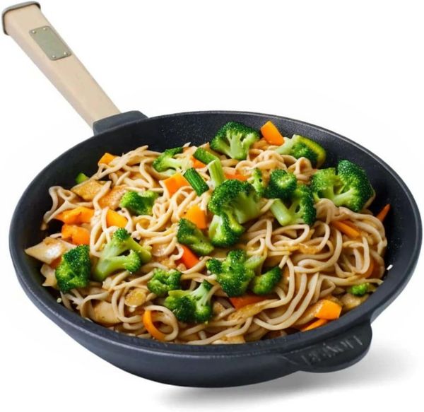 BIG-PAN Wok Ø24 cm Wok 2,2 L Gusseisen Pfanne Glasdeckel, Gusseisen