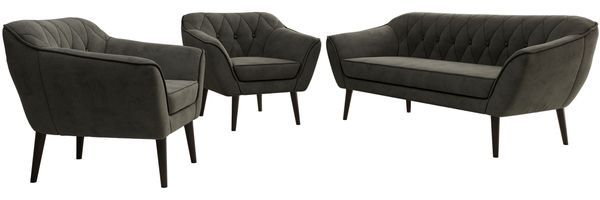 Wohnzimmerset PIRS 1-1-3, Skandinavisches 3-Sitzer Sofa mit Sesseln, Sofa mit Wellenfederung, schwarze Füße, Skandinavisches Möbelset - Dunkelgrau Velvet Bild 6