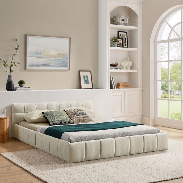 Doppelbett 140*200 cm, Bett mit seidig weichem Chenille - Bezug, quadratischem Steppdesign, aus ökologischem Eukalyptusholz und stabilem Eisenrahmen, einfache Montage, Beige (ohne Matratze)