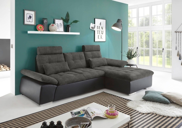 Ecksofa Couch Schlafcouch Schlafsofa Lederlook schwarz grau Ottomane rechts L