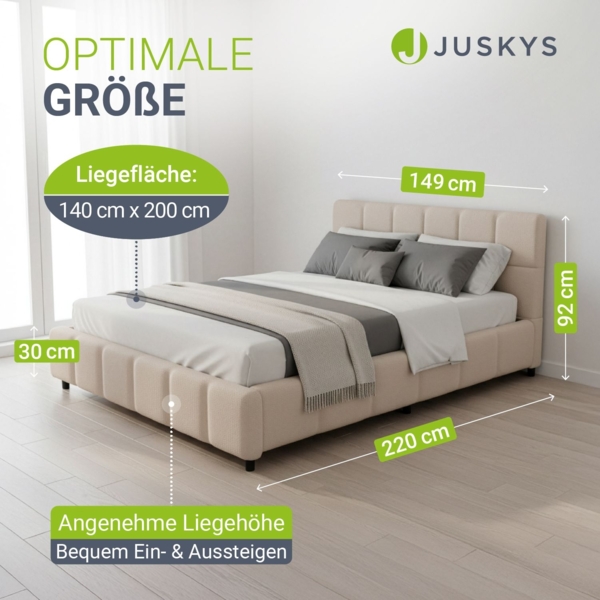Juskys Polsterbett Florenz 140x200 cm mit Matratze – Bouclé, modernes Bett mit Kopf- & Fußteil, stabilem Holz- & Metallrahmen, Lattenrost, 500 kg Tragkraft – Beige Bild 3