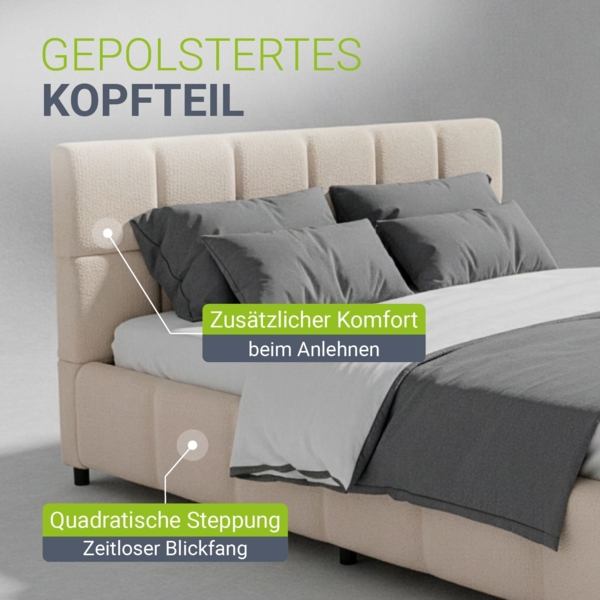Juskys Polsterbett Florenz 140x200 cm mit Matratze – Bouclé, modernes Bett mit Kopf- & Fußteil, stabilem Holz- & Metallrahmen, Lattenrost, 500 kg Tragkraft – Beige Bild 5