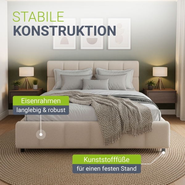 Juskys Polsterbett Florenz 140x200 cm mit Matratze – Bouclé, modernes Bett mit Kopf- & Fußteil, stabilem Holz- & Metallrahmen, Lattenrost, 500 kg Tragkraft – Beige Bild 6
