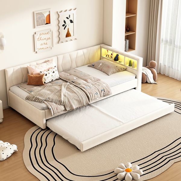 Bett ausziehbar 90x200 cm, Leinenbezug Beige, Kopfteil mit Ablagefächern, LED‑Umgebungslicht & USB/Typ‑C‑Ladefunktion