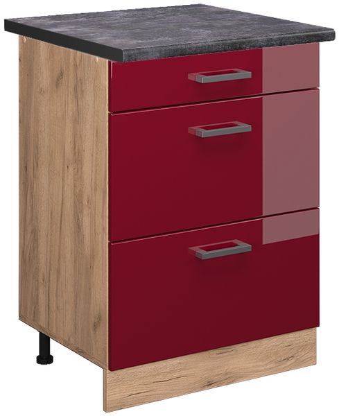 Küchenunterschrank R-Line Rot Hochglanz 60 cm mit Schubladen, AP Anthrazit Vicco