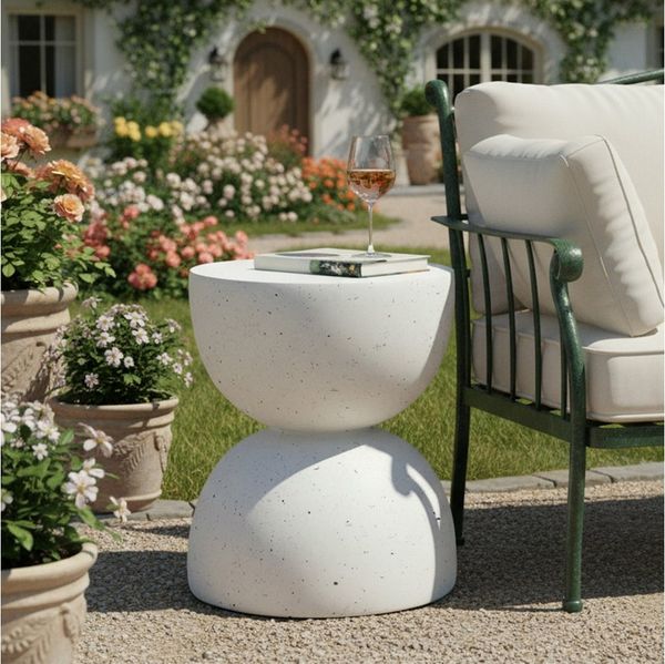 REDOM Beistelltisch Bistrotisch Ø 40x50 cm aus MgO, UV-beständig, weiß (Packung, 1-St, Leichtes Material, drinnen & draußen nutzbar), Moderner Tisch für Garten, Terrasse & Balkon in Terrazzo Weiß