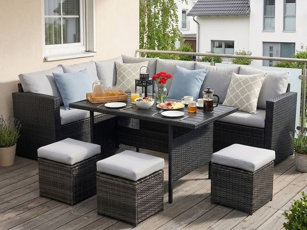 MeXo Gartenlounge-Set Lounge Gartenmöbelset für 8-10 Personen, (Outdoor Garten-Essgruppe, 7-tlg, 8 cm breitere Armlehnen, pflegeleichte Polywood-Tischplatte), Belastbarkeit pro Sitzplatz bis zu 140kg, für Terrasse Garten