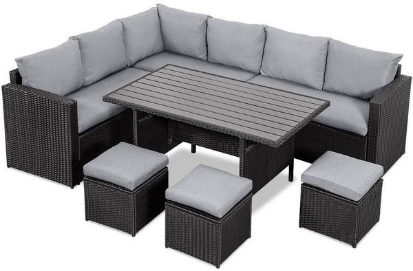MeXo Gartenlounge-Set Lounge Gartenmöbelset für 8-10 Personen, (Outdoor Garten-Essgruppe, 7-tlg, 8cm breitere Armlehnen, pflegeleichte Polywood-Tischplatte), Belastbarkeit pro Sitzplatz bis zu 140kg, für Terrasse Garten