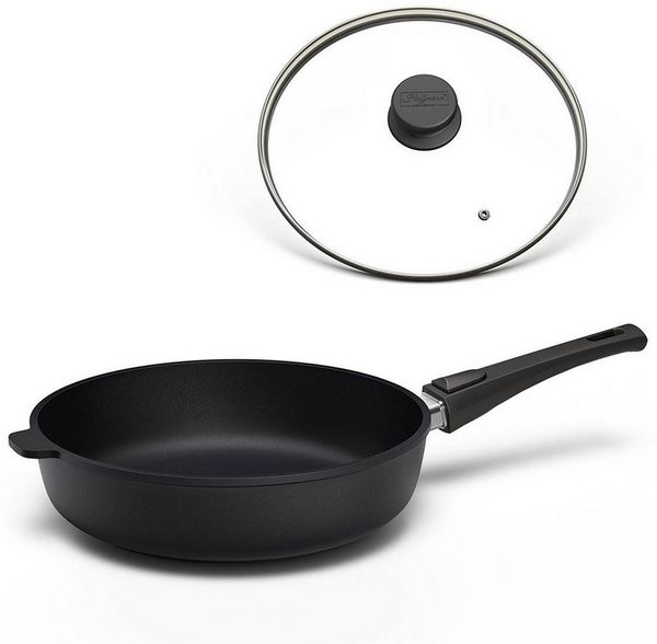 Hoffmann Germany Bratpfanne STONIQ PFAS-frei Ø 24 cm hoher Rand mit Deckel – Made in Germany, Aluguss (Set, 2-tlg, 1x Pfanne Ø 24 cm mit hohem Rand + 1x Deckel), abnehmbarer Griff, backofenfest bis 300°C, Induktion Schmorpfanne