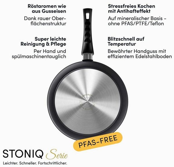 Hoffmann Germany Bratpfanne STONIQ PFAS-frei Ø 28 cm hoher Rand mit Deckel – Made in Germany, Aluguss (Set, 2-tlg, 1x Pfanne Ø 28 cm mit hohem Rand + 1x Deckel), abnehmbarer Griff, backofenfest bis 300°C, Induktion Schmorpfanne