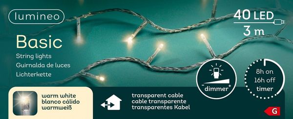 Lumineo LED-Lichterkette Lumineo Lichterkette BASIC 40 LED 3 m warm weiß, transparentes Kabel, Indoor/Outdoor, dimmbar, 8h-Timer, + 5 m Zuleitung