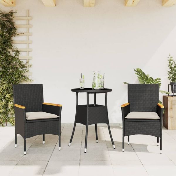 vidaXL 3-tlg. Garten-Essgruppe mit Kissen Schwarz Poly Rattan Glas 3278721