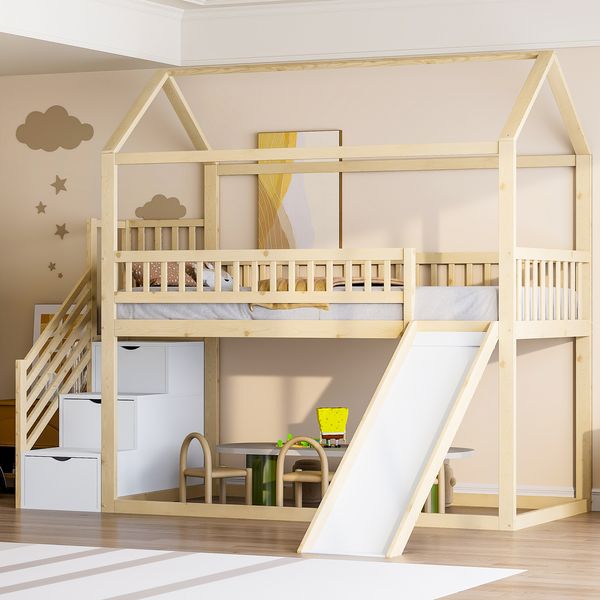 Kinderhochbett mit Rutsche und Aufbewahrungsleiter 90x200 cm, Spielbett mit Stauraum und Sicherheitsgeländer