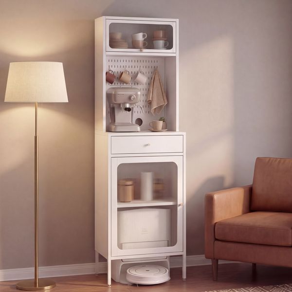 Highboard HWC-P99, Hochschrank Küchenschrank Saugrobotergarage, Staufächer Metall Glas 182x54x40cm ~ weiß