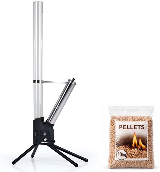 LANDMANN Feuerrohr aus Edelstahl | inklusive 10 kg Holzpellets | raucharmes Flammenspiel | robuste Outdoor Feuerstelle für Terrasse und Garten | dekorativ für gemütliche Abende
