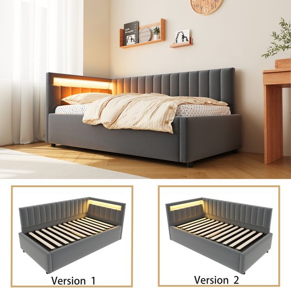 Merax Polsterbett Schlafsofa 90x200, mit LED-Beleuchtung und hydraulischem Stauraum, klassisches vertikales Streifendesign, seitliche Kopfteile mit austauschbaren Positionen, Lattenrost, Samtstoff, Grau Bild 2