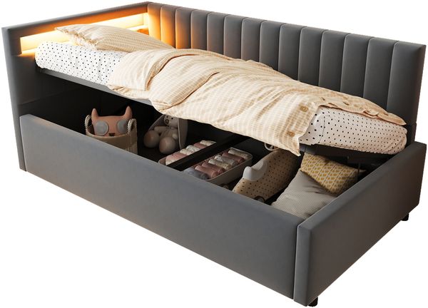 Merax Polsterbett Schlafsofa 90x200, mit LED-Beleuchtung und hydraulischem Stauraum, klassisches vertikales Streifendesign, seitliche Kopfteile mit austauschbaren Positionen, Lattenrost, Samtstoff, Grau Bild 10