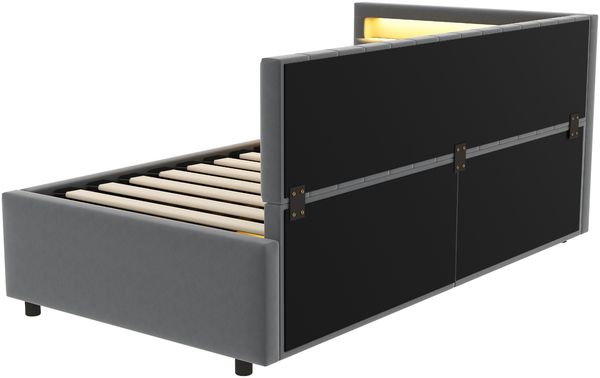 Merax Polsterbett Schlafsofa 90x200, mit LED-Beleuchtung und hydraulischem Stauraum, klassisches vertikales Streifendesign, seitliche Kopfteile mit austauschbaren Positionen, Lattenrost, Samtstoff, Grau Bild 7