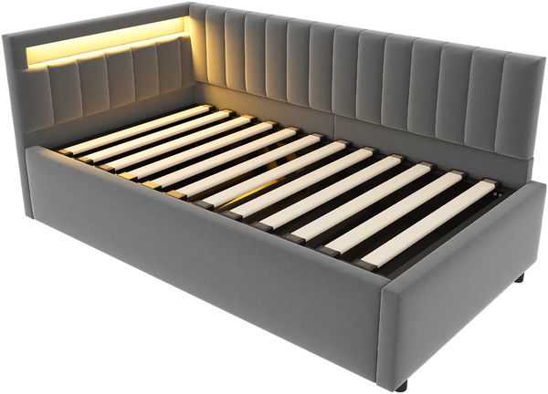 Merax Polsterbett Schlafsofa 90x200, mit LED-Beleuchtung und hydraulischem Stauraum, klassisches vertikales Streifendesign, seitliche Kopfteile mit austauschbaren Positionen, Lattenrost, Samtstoff, Grau Bild 9