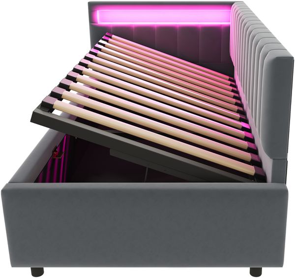Merax Polsterbett Schlafsofa 90x200, mit LED-Beleuchtung und hydraulischem Stauraum, klassisches vertikales Streifendesign, seitliche Kopfteile mit austauschbaren Positionen, Lattenrost, Samtstoff, Grau Bild 8