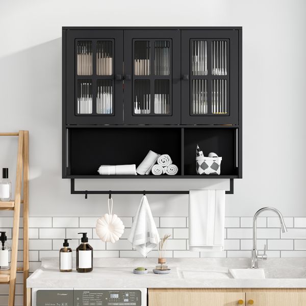 Flieks Badezimmer-Wandschrank, 88 x 26 x 82.5cm, Badezimmerschrank mit Ablagefächern, offenen Fach und Handtuchhalter, Schwarz