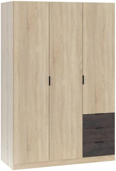 Dmora Kleiderschrank 3 Türen Apaches, Schlafzimmerschrank mit 3 Schubladen, Schrank mit Kleiderstange und 3 Regalen, 121 x 52 x 180 cm, Eiche und Oxid