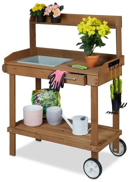 Relaxdays Brauner Pflanztisch mit Rollen