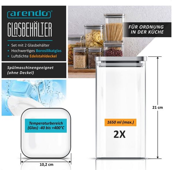 Arendo Aufbewahrungsbecher Glasbehälter-Set 2x 1,65L, Borosilikatglas mit Edelstahldeckel, Borosilikatglas, Edelstahl, Silikon, (Vorratsbehälter-Set, 2-tlg, 2er Set), Hitzebeständig, umweltfreundlich, langlebig, mikrowellengeeignet
