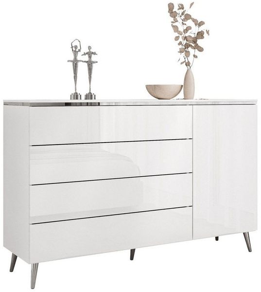 ALLHOUSE24 Kommode PEONY SILBER 140 cm Breite weiß Hochglanz/weiß mit Schubladen, Breite 140 cm