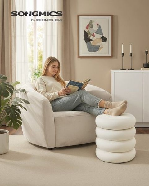 SONGMICS Schminktisch-Hocker mit Stauraum, runder Polsterhocker, abnehmbarer Deckel, Schlafzimmer, Samt, 43 x 47 cm, creme