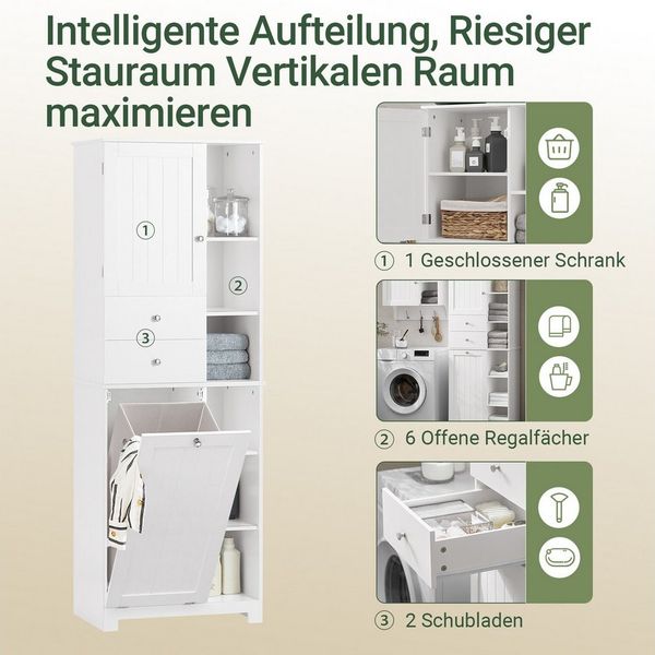 SoBuy Badkommode BZR104, Badezimmerschrank Badschrank Hoch Badregal Wäscheschrank, Aufbewahrungsschrank mit Wäschekorb, mit 6 Ablagen und 2 Schubladen