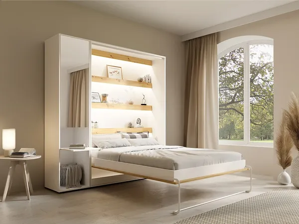 Vente-unique - RAPILI Bett Holz, Platte BeigeWeiß - B 50 cm239,2 cm x H 225,2 cm x L 209 cm