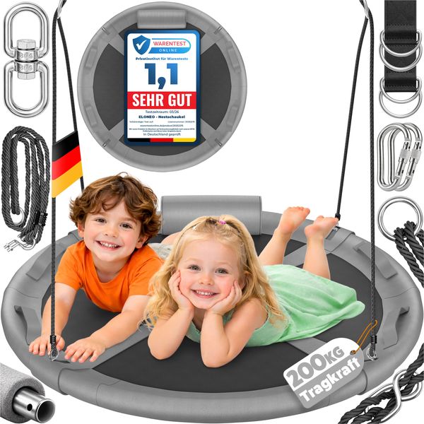 ELONEO Nestschaukel Outdoor & Indoor mit 90 oder 120 cm Durchmesser, Tellerschaukel, höhenverstellbare Hängeschaukel inkl. Kissen, Griffen und Zubehör-Set, Grau - 90cm