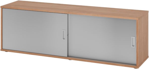 bümö Lowboard Schiebetürenschrank in Nussbaum/Silber - Büromöbel Sideboard aus Holz, 160 cm breit, Büroschrank nur 40 cm schmal, Büro Schrank mit Schiebetüren für Ordner & Co, 1750S-N-S