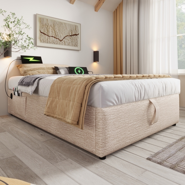 Polsterbett 90x200 cm aus Leinen mit Stauraum und USB-/Type-C-Anschluss – praktisch und natürlich