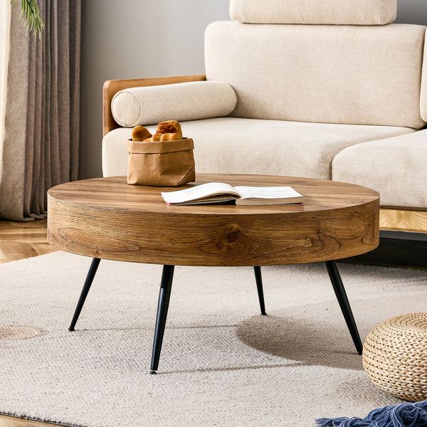 Couchtisch rund 70 x 70 x H 35,5 cm, MDF in Holzoptik mit schwarzen Metallbeinen, skandinavisch
