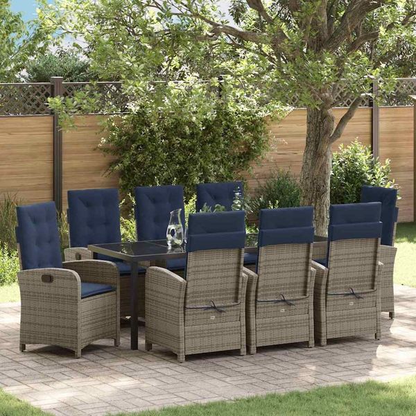 vidaXL Garten Essgruppe mit Kissen 9 pcs Grau Poly-Rattan 3380357