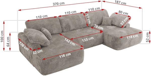 U-förmige Ecke, Ecksofa mit schlaffunktion und bettkasten, lose kissen, Wellenfeder, Big sofa XXL - CUBO U - Grau Cord Bild 8