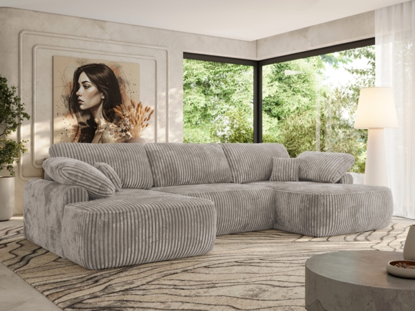 U-förmige Ecke, Ecksofa mit schlaffunktion und bettkasten, lose kissen, Wellenfeder, Big sofa XXL - CUBO U - Grau Cord Bild 1